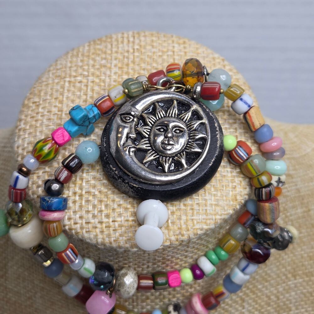 Southwest Boho Multi Strand Beaded Wrap Bracelet Silver Tone Celestial Jewelry